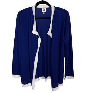 Anne Klein Medium M Blue White Colorblock Trim Open Front Cardigan Sweater Drape